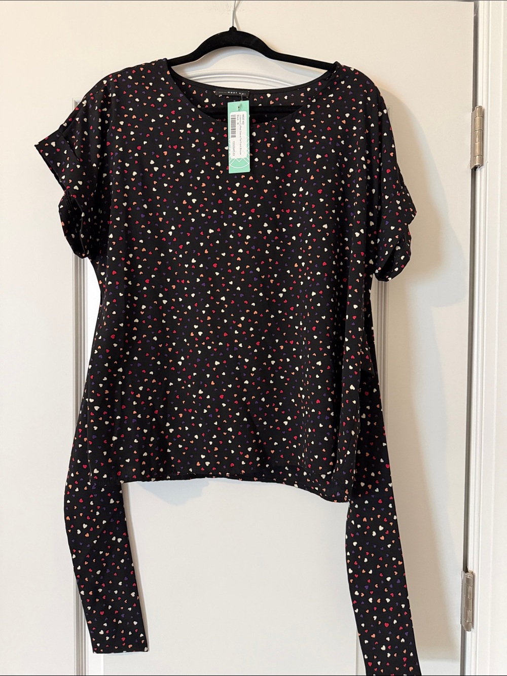West Kei Black Short Sleeve Top with Red and Cream Heart Motif
